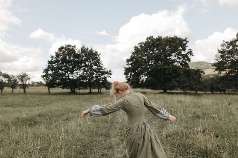 Long midi dress, long puff sleeves, vintage style linen cotton blend dress, pleated skirt loose fit linen dress, waist belt dress,Aria dress