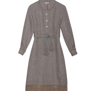 Fitted linen shirt dress, long sleeves with crochet cuffs, made of heavy weight linen, dress with collar, simple dress, Dinesa dress