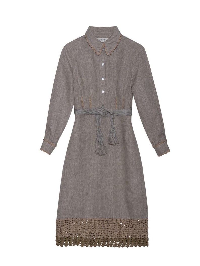 Fitted linen shirt dress, long sleeves with crochet cuffs, made of heavy weight linen, dress with collar, simple dress, Dinesa dress