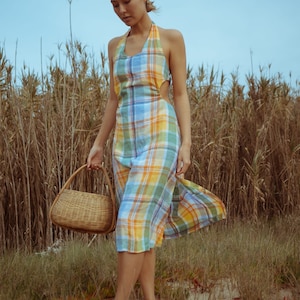 Backless retro bright dress, plaid fabric dress, midi length sundress, dress in checks, open back dress,