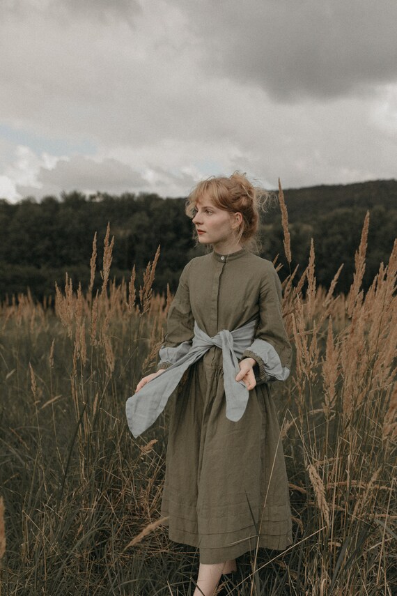 Long Midi Dress, Long Puff Sleeves, Vintage Style Linen Cotton Blend Dress,  Pleated Skirt Loose Fit Linen Dress, Waist Belt Dress,aria Dress - Etsy