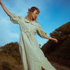 Long linen dress, retro romantic dress, natural linen maxi dress, wide fit dress for her, puffed sleeves dress, Clarabelle women dress