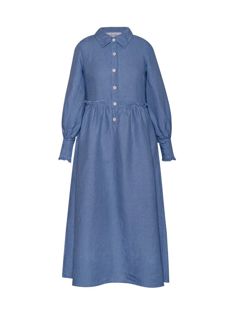 Women linen dress, long button up front dress, full skirt dress with pockets, long Bishop sleeves Larmina dress image 5