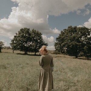 Long midi dress, long puff sleeves, vintage style linen cotton blend dress, pleated skirt loose fit linen dress, waist belt dress,Aria dress