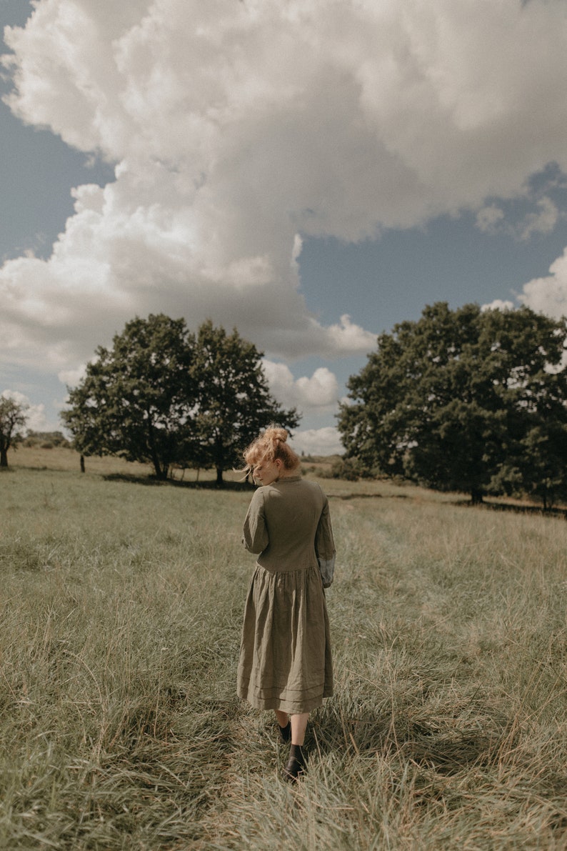 Long midi dress, long puff sleeves, vintage style linen cotton blend dress, pleated skirt loose fit linen dress, waist belt dress,Aria dress