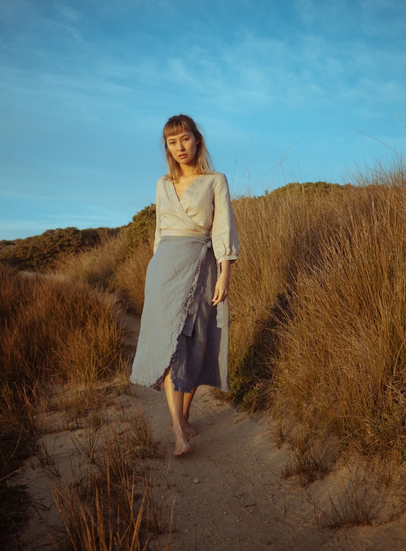 Wrap around skirt, Linen wrap skirt, mid-calf skirt, wrap skirt with side tie, casual high waist skirt, Sky women skirt