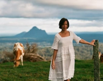 Wide sleeves linen dress, white boho dress, simple wedding dress, romantic beach dress, short sleeves, Pure Angela dress women