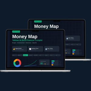 May include: Two silver laptops displaying a financial dashboard titled "Money Map." The screen shows data visualizations, charts, and the text "Tableau de Bord Financier Complet." The interface features a dark theme with colorful accents and data points.