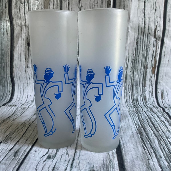 Vintage bojangles glasses blue Willow on frosted glass, black dancer circa 1940’s