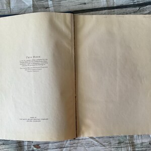 May include: Open book with aged, cream-colored pages. The left page has text that reads "THIS BOOK" and additional text below. The book's spine is dark blue. The right page is blank. The book is open on a light wood surface.