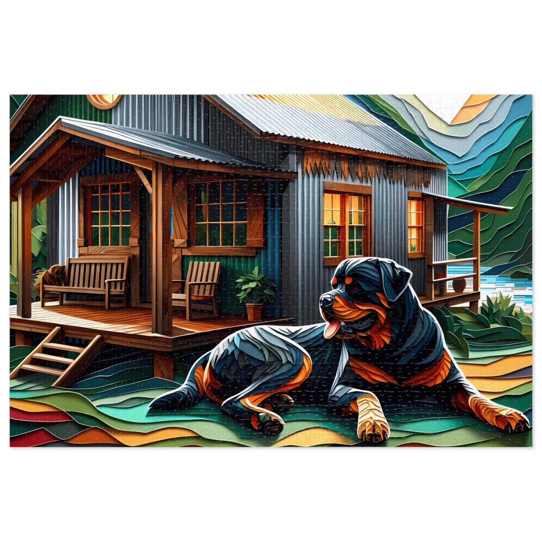 1000-piece Rottweiler on or Off-grid Cabin Puzzle Vibrant Mountain ...