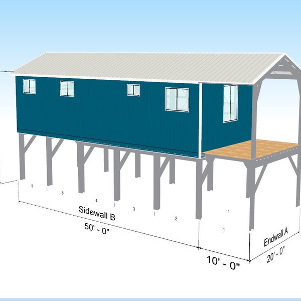 20 x 50  Hurricane Rated, Fire Resistant, Mold Resistant, and Termite Resistant Galvanized Steel On or Off Grid Covered Porch Cabin Kit