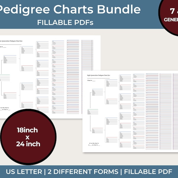 7 & 8 Generation Pedigree Chart Bundle | Genealogy Forms Printable Fillable | 18in x 24in