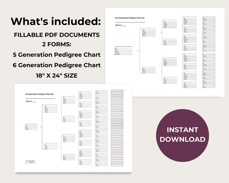 5 &amp; 6 Generation Pedigree Chart Bundle Genealogy Forms Printable ...