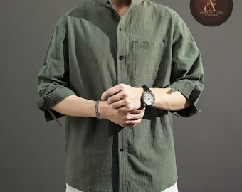 Men's Linen Shirt Three-quarter Sleeve |  Loose Stand Collar Style