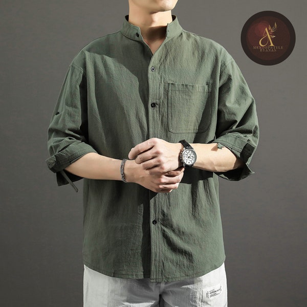 Men's Linen Shirt Three-quarter Sleeve |  Loose Stand Collar Style