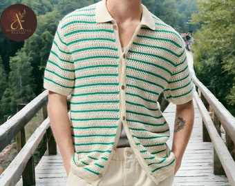 Male's Striped Cardigan | Short Sleeve |  Turn-down Collar | Button Style
