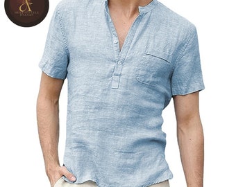 Men's Short-Sleeved Shirt | Comfortable Cotton Linen | Buttoned Semi-Collar Style