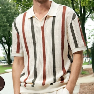 Men's Striped Top Short Sleeved Type Breathable Apparel Streetwear Outfits Khaki