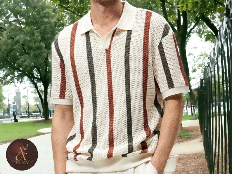 Men's Striped Top Short Sleeved Type Breathable Apparel Streetwear Outfits Khaki