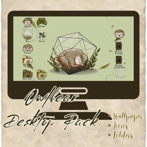Könnte beinhalten: Ein Computer-Desktop mit grünem Hintergrund und einem schlafenden Cartoon-Eulenbär in einem geometrischen Käfig. Der Desktop hat Symbole für Spotify, Steam, Notion, Discord und Ordner mit den Bezeichnungen "Deep Down" und "Backups". Der Text "Owlbear Desktop Pack" wird unter dem Computerbildschirm angezeigt. Der Text "Wallpaper, Icons, Folders" ist unter dem Text "Owlbear Desktop Pack" aufgelistet.
