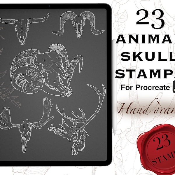 Animal Skull Stamps - Animal with Horns Skull Brush Set with 23 Stamps! - Horn Antlers Skull Brushes for Procreate - Wild animal Skulls