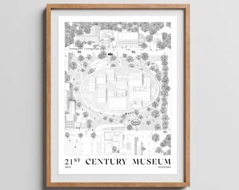 May include: A black and white architectural drawing of the 21st Century Museum of Contemporary Art in Kanazawa, Japan. The drawing shows the museum's circular building surrounded by trees and a surrounding neighborhood.