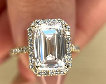 Anello di fidanzamento con diamante di laboratorio taglio smeraldo E/VVS2 da 5,40 ct, oro giallo 14k, certificato IGI