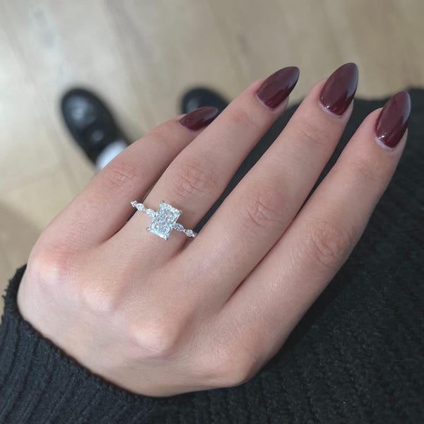 2.40 Carat Radiant Cut E/VVS2 Lab Grown Diamond Engagement Ring 14k White Gold IGI Certified, Side Marquise
