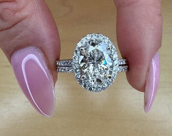 4 Carat Oval Cut E/VVS2 Lab Grown Diamond Engagement Ring And Matching Band 14k White Gold IGI Certified, Amazing Set, Halo Diamond Ring