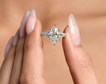 3.30 Ct Marquise Cut F/VS1 Lab Created Diamond Engagement Ring 14k White Gold IGI CERTIFIED