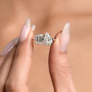 4 Ct Pear Cut and Emerald Cut E/VVS2 You and me Diamond Ring, Lab Grown Diamond Engagement Ring 14k White Gold IGI Certified