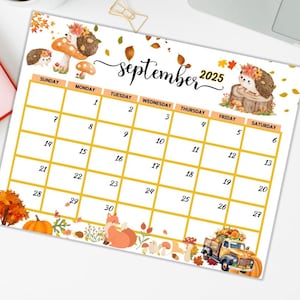 September 2025 Calendar Printable, Cute Fall Autumn Homeschool Kids Planner, Monthly Planner, 2025 Calendar Download