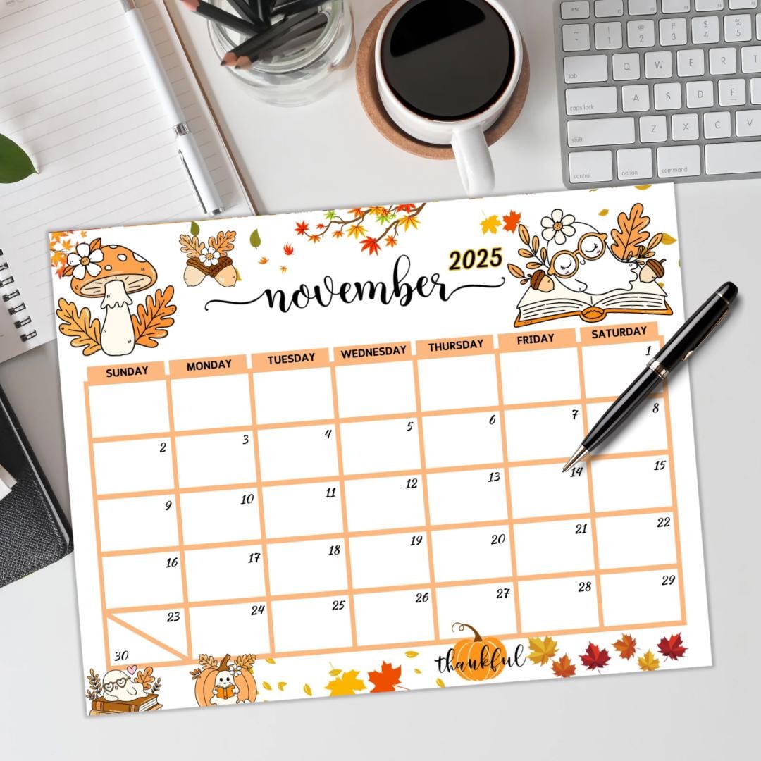 November 2025 Calendar Printable, Cute Fall Autumn Aesthetic Homeschool ...