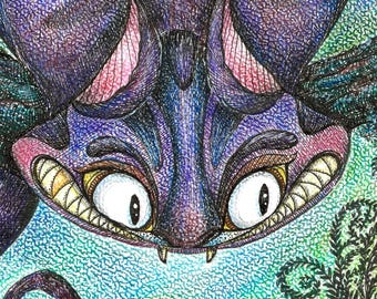 Tuschezeichnung Tintenzeichnung Bild Wandbild Original "Cheshire Cat" A4