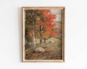 Vintage Painting, Vintage Print, Autumn Forest Landscape, Vintage Nature Scenery, Digital Download, Rustic Fall Trees, Printable Wall Decor