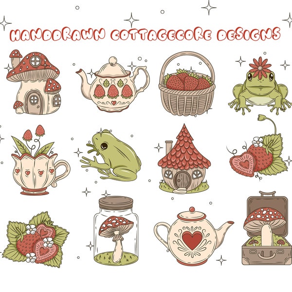 Vintage Style Frog PNG SVG EPS, Cottagecore Village png, Frog svg, Retro Frog png, Vintage Mushroom png, Cottage Frog png,Strawberry clipart