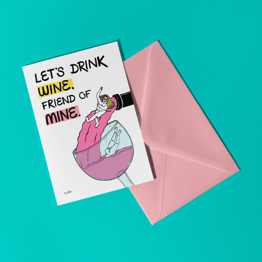 Funny Wine Birthday Card | Hand-drawn Recycled Card - Etsy