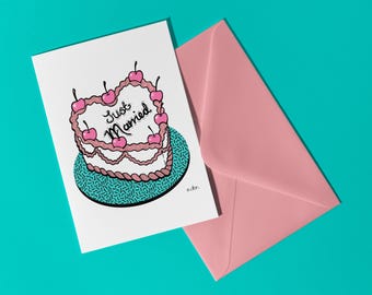 Illustrated Wedding Cake Card: Just Married Greeting, Pink Envelope