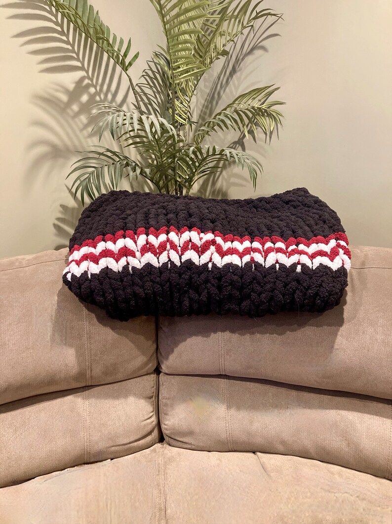 Cozy Chunky Knit Stripe Blanket, Handknit Chunky Blanket, Pop of Color