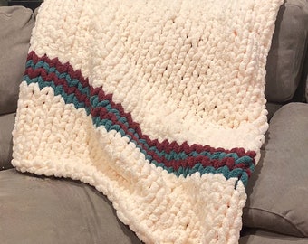 Cozy Chunky Knit Stripe Blanket, Hand-Knit Chunky Blanket, Pop of Color Chunky Blanket, Jumbo Yarn, Perfect For Any Occasions or Holiday