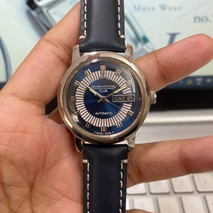 Vintage Jaeger-LeCoultre Club Automatic 25 Jewels Blue Face Stainless Steel 36MM Case Blue Leather Strap Men's Wrist Watch Serviced