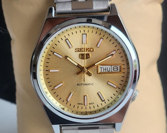 Vintage Refurbish Seiko 5 Automatic 6309A 17 Jewels Japan Men's Day/Date Gold Face Wrist Watch A47