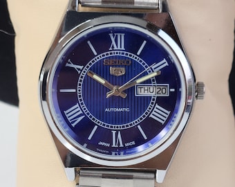 Vintage Refurbish Seiko 5 Automatic 6309A 17 Jewels Japan Men's Day/Date Blue Face Wrist Watch A35