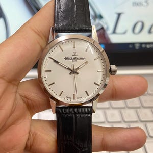 Vintage Jaeger-LeCoultre Hand Winding 17 Jewels White Face Stainless Steel 35MM Case Black Croco Leather Strap Men's Wrist Watch Serviced