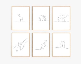Safari Nursery Prints, Set Of 6 Prints, Animal Print Line Drawing, Animal Nursery Prints, Nursery wall art Safari Animal prints for nursery