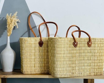 Woven Basket with Leather Handles, Moroccan Stylish Beach Bag, Chic Shopping Basket, Trendy Beach Bag, Leather Handles Bag