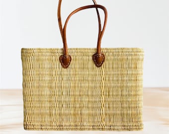 Natural Basket Long Handle, French Market Basket, Handmade Bag, Straw Basket, Grocery Handbag, Shopping Basket