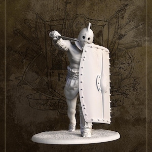 Puede incluir: Una figura en miniatura de plástico blanco de un gladiador romano Secutor, sosteniendo una espada y un escudo. La figura está de pie sobre una base redonda. El texto "SECUTOR (ROMAN GLADIATORS) 30-50 A.D." está impreso debajo de la figura. El texto "No. GB-M75-001; GB-M54-001" está impreso debajo del texto. El texto "Scale, 75MM (1/24) 54MM (1/32)" está impreso a la derecha de la figura. El texto "2023 FACES OF WAR (Military Miniature)" está impreso debajo del texto.