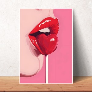 Czerwone usta wydrukowana sztuka ścienna, seksowny słodki język na wierzchu kapryśna sztuka maksymalistyczna plakat dopaminowy kolorowa sypialnia preppy wydruk ścienny żywa sztuka